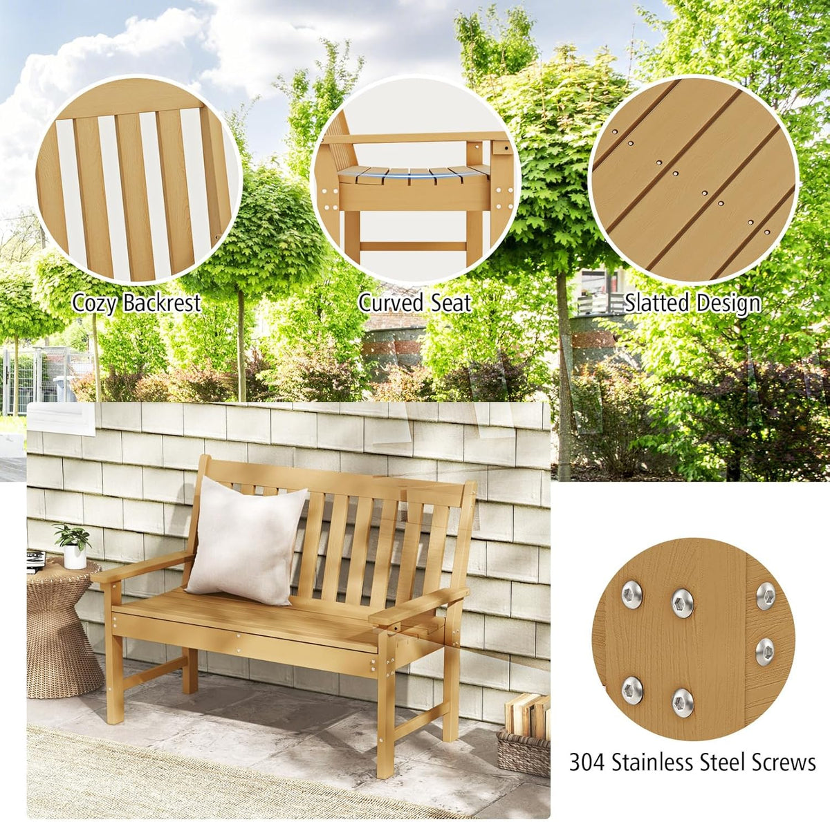 FANTASK Tuinbank, weerbestendig, tot 320 kg belastbaar, parkbank, voor alle weersomstandigheden, HDPE, teak