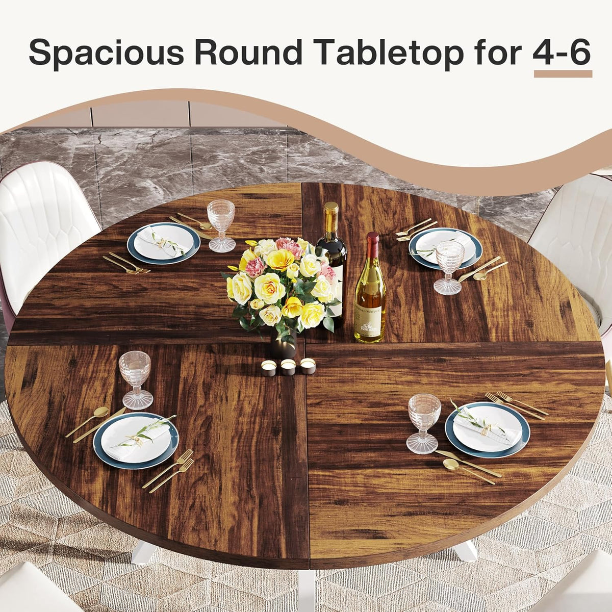 Tribesigns Round Dining Table for 4 People, 120 cm, Round Dining Table with Metal Base, Kitchen Table with Storage Compartment for Home, Dining Room, Living Room, White (Brown)