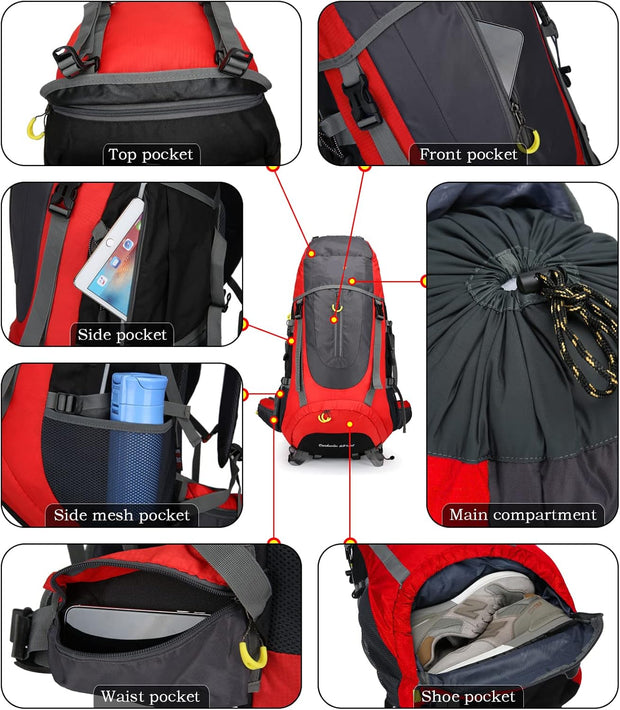 Wandelrugzak - Kampeertas - Trekking rugzak - Camping Essentials Tas - 70L - Lichtgewicht - Waterdichte - Nylon - Rood
