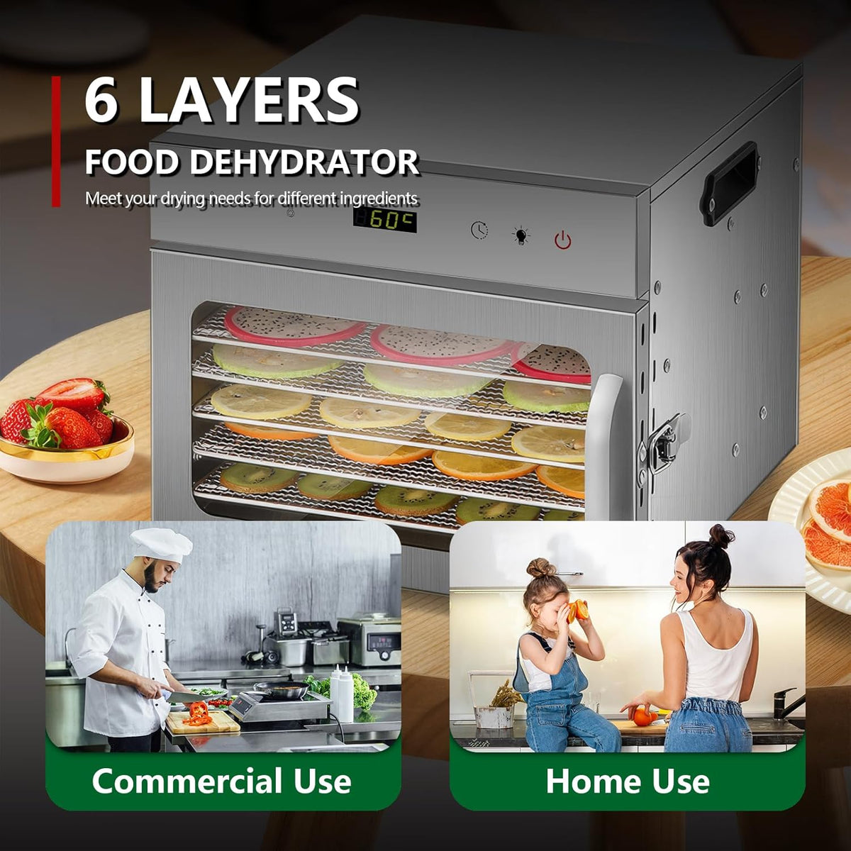 Fruitdroger van roestvrij staal, met 6 planken en gratis receptenboek, BPA-vrij, temperatuurinstelling 30-90 °C, max. 24 uur, droogapparaat voor groenten, vlees, chili, 400 watt