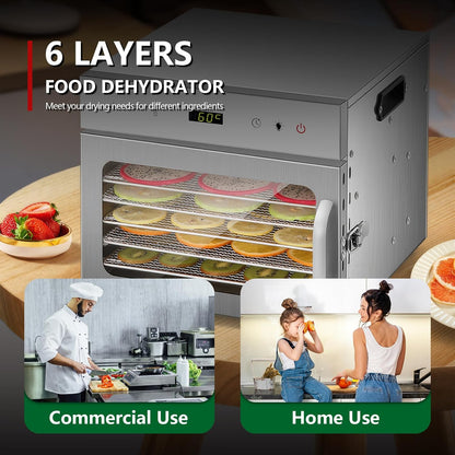 Fruitdroger van roestvrij staal, met 6 planken en gratis receptenboek, BPA-vrij, temperatuurinstelling 30-90 °C, max. 24 uur, droogapparaat voor groenten, vlees, chili, 400 watt
