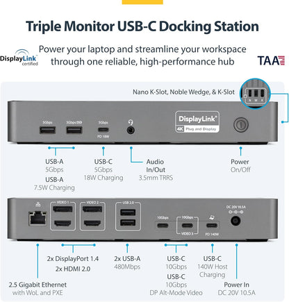 StarTech.com Triple-Monitor USB-C Docking Station, 140W Charging Dock voor MacBook Pro en Windows, 4K 60Hz HDMI of DisplayPort