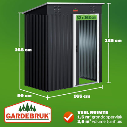 GARDEBRUK Garden house 185x165x90cm 1.5m2 Sliding Door 20kg Tool Holder Safety Gloves Ventilation Stainless Steel Sloping Roof Anthracite - QUORE