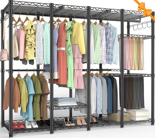 Open Kledingkast – Kledingrek – Garderoberek – Kledinghanger – Opbergkast – 9 Verstelbare Planken – 2 Kledingroedes – Zwart Metaal – 193,5x43,5x195 cm