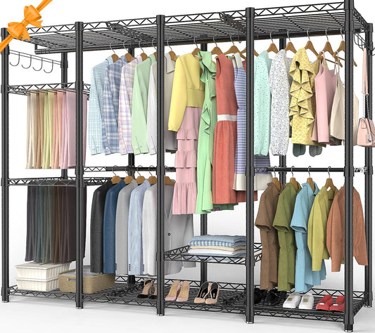 AQRA kledingrek, open garderobe met 9 in hoogte verstelbare planken en 2 kledingstangen, 4 lagen met grote capaciteit, kledingstang, zwart (193.5CM×43.5CM ×195CM)