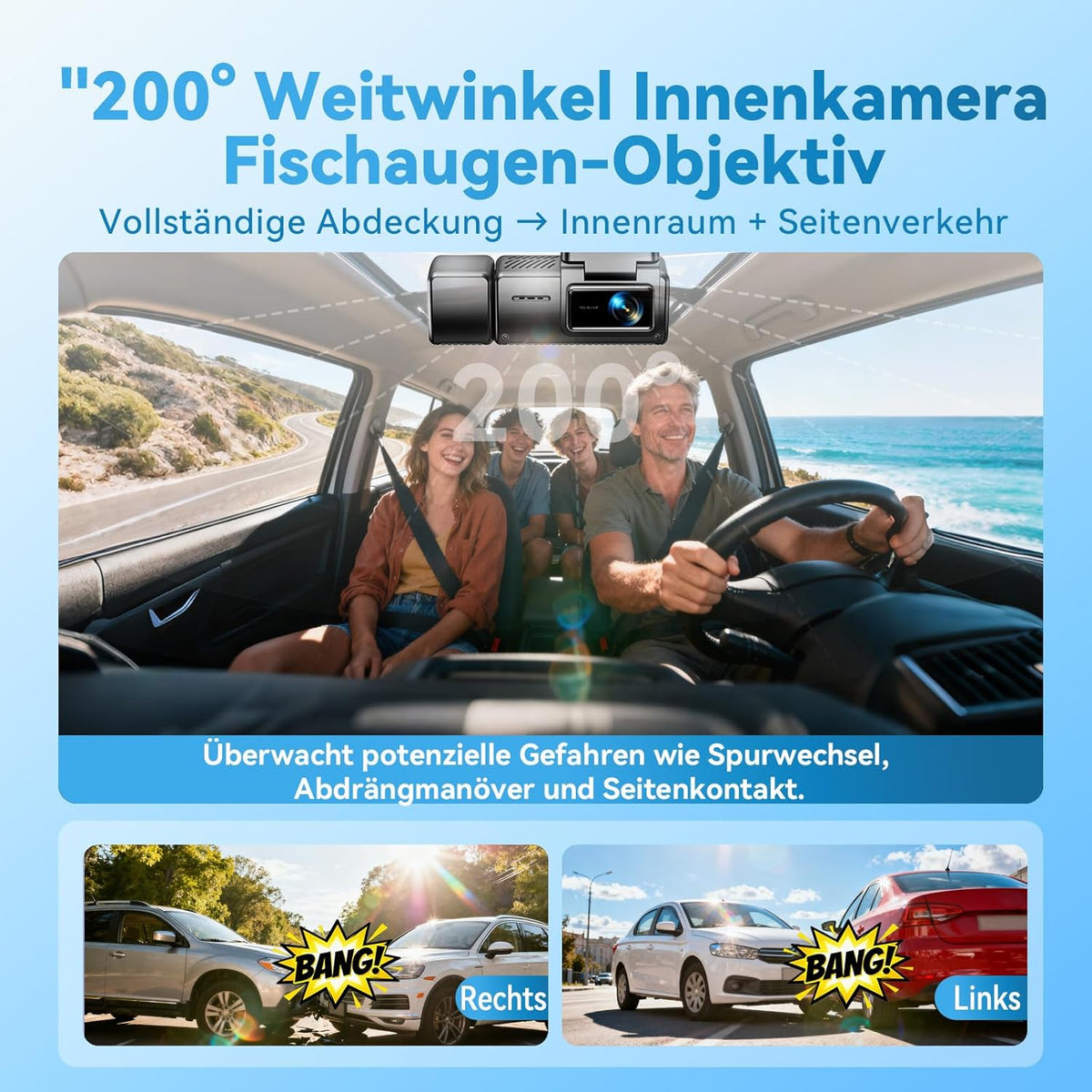 Dashcam Auto, 3 kanaalvoordeuren binnen 4K + 1080P + 1080P Dashcam, 490° Weitwinkel-Rundumbescherming, Auto Camera met 64 GB SD-kaart, 3,16 inch, nachtzicht, WDR, WiFi, G-sensor, loop-opname