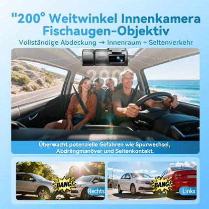 Dashcam Auto, 3 kanaalvoordeuren binnen 4K + 1080P + 1080P Dashcam, 490° Weitwinkel-Rundumbescherming, Auto Camera met 64 GB SD-kaart, 3,16 inch, nachtzicht, WDR, WiFi, G-sensor, loop-opname