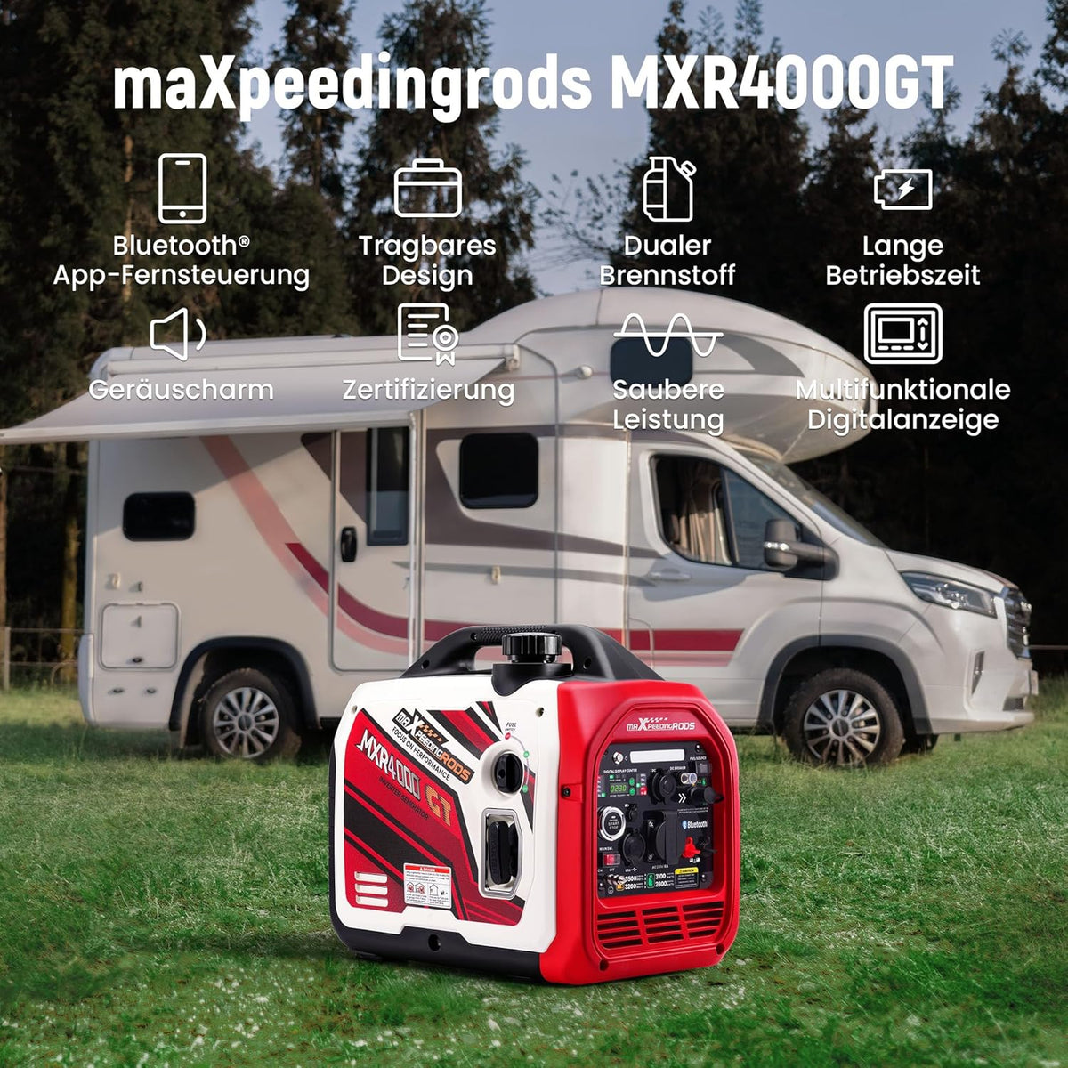 maXpeedingrods Stroomgenerator, inverter, 3500 W, benzine, stil, met Bluetooth®-app, afstandsbediening, stroomgenerator, LPG, benzine, digitaal, licht, als noodstroomaggregaat, voor camping, garage,