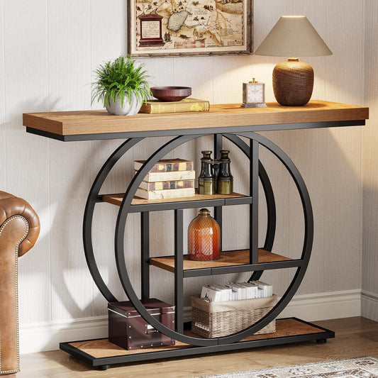 Tribesigns Console Table 105cm with 4 Levels, Narrow Industrial Sofa Table with Round Metal Frame, Wooden Entrance Table with Storage Racks for Living Room (Light Brown)