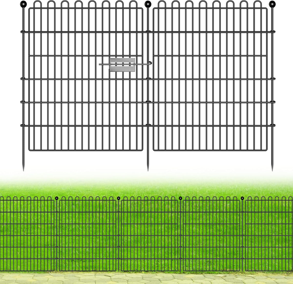 Tuinhek van metaal, 10 panelen (75 x 81 cm) met 11 bevestigingsstangen, rooster voor kennels, bodembegrenzing en vijverbescherming