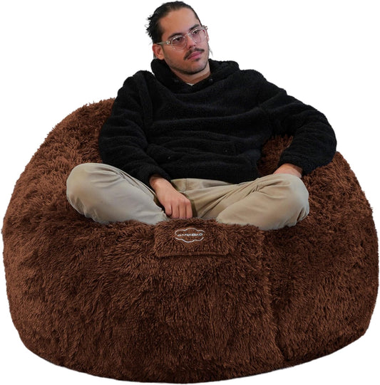 Bananair - Reuzenpoef XXL in bont - Zacht & Comfortabel - Machinewasbaar Hoes - Royaal gewatteerd, Premium Kwaliteit - Grote Zitzak Bed, Bean Bag (Chocolade, 120 cm)