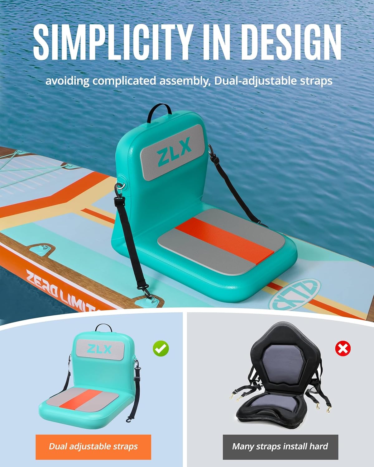ZLX Paddle Board zitting met rugleuning, draagbare kajakzitting, universele opblaasbare zitting voor outdoor, vissen, kajakken en kamperen