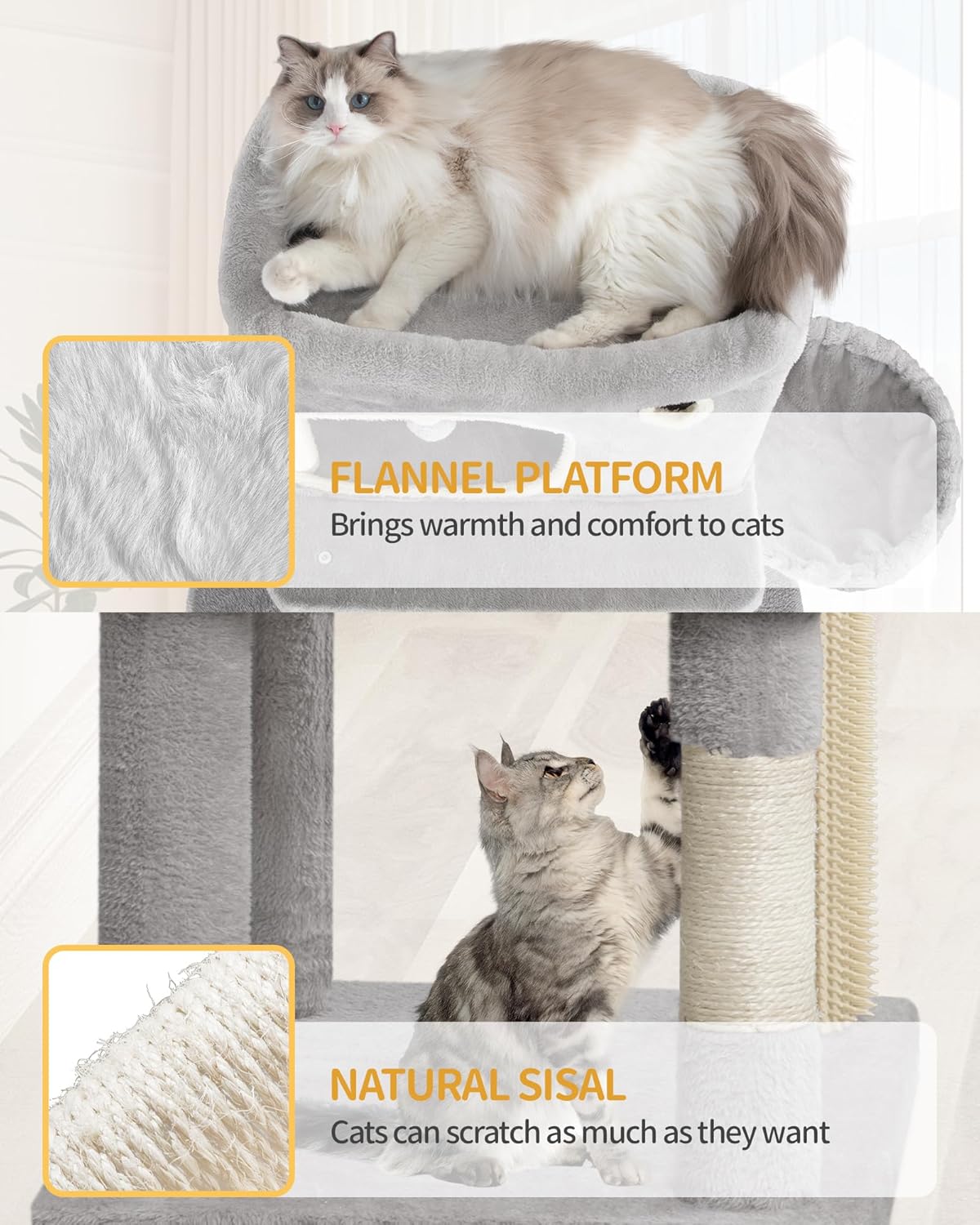 Hzuaneri Cat Scratching Post, 178cm Multilayer Cat Tree with Large Platform, 2 Caves, 7 Sisal Poles, Pompoms, Cat Basket, Hammock, Suitable for Cats of All Sizes, Light Grey MS17818LG - QUORE