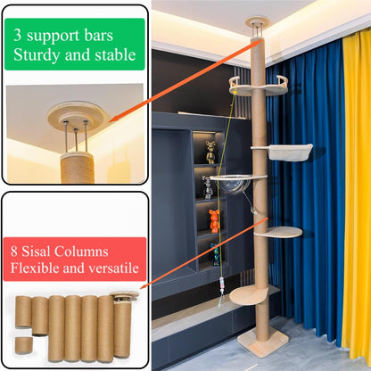 Verticale Krabpaal – Kattenkrabpaal – Klimtoren – Kattenboom – Krabmeubel – Verstelbaar 127-305 cm – Stevig Sisal Krabpaal