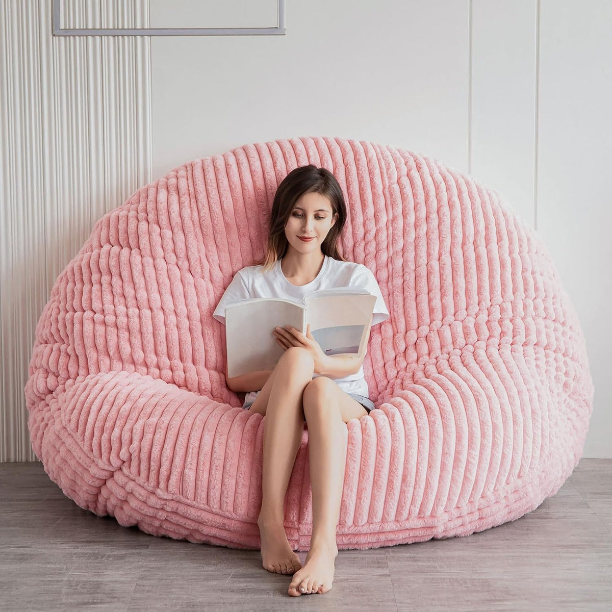 MAXYOYO Huge Bean Bag Bed, Square Bean Bag Chair, Large Faux Fur Sofa and Fluffy Filling for Adults Couples Guests (Corduroy Pink, 180x180cm)