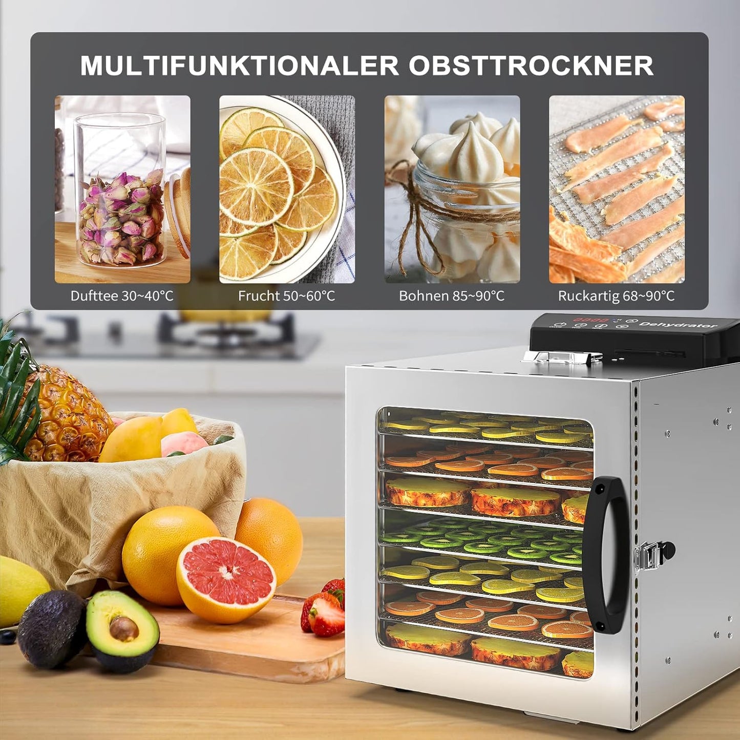 Lecon Voedseldroger van roestvrij staal, dehydrator, 30-90 °C, 24-uurs timer, dehydrator voor levensmiddelen, vlees, vruchten, groentedroger, fruitdroger, droogmachine met schort, verzegelde tank (8