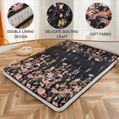 MAXYOYO Futon-matras, gewatteerde Japanse vloermatras, gewatteerde bedmatrashouder, extra dik opvouwbaar slaapkussen, ademend vloerligbed voor campingbank (zwarte bloemen, enkel)