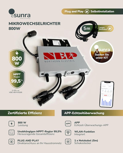 Microomvormer van NEP BDM800VA - Plug and Play - MPPT-efficiëntie > 99,5% - 5 m netsnoer - app voor bewaking van de productie in real-time