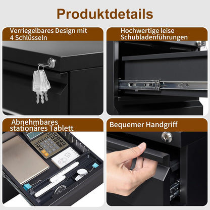 Rolcontainer, mobiele archiefkast met slot, 4 sleutels, 3 laden, kantoorkast van metaal, al voorgemonteerd, voor kantoor, thuiskantoor, zwart