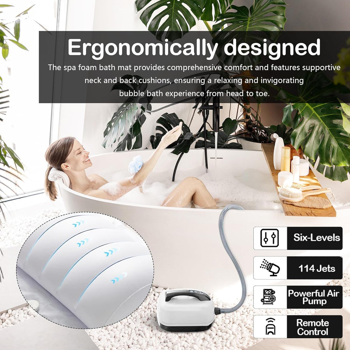 Buismat voor badkuip – Whirlpoolmat – Bubbelbadmat – Badmat – Massagemat – 114 sproeiers – 6 intensiteitsniveaus