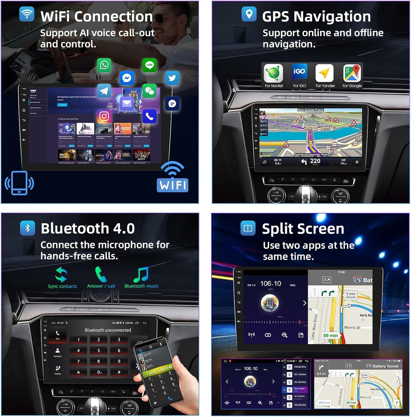 Podofo Android 2 Din autoradio met GPS-navigatie, Bluetooth, 24 bureaubladthema's, 9 inch autoradio met scherm met WiFi, FM/RDS, spiegellink, achteruitrijcamera (2+32G)