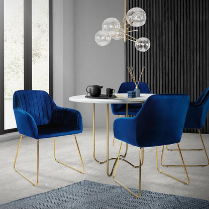 Eetkamerstoel – Keukenstoel – Woonkamerstoel – Stoel – Kuipstoel – Fluwelen Bekleding Blauw – Goudkleurig Metalen Frame – Ergonomische Rugleuning en Armleuningen