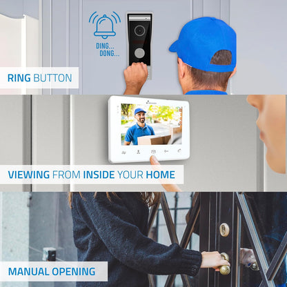 NIVIAN 2-draads video intercom, analoog, met 7 inch monitor, HQ-binnendisplay met bidirectionele audio, IP65 buitenplaat met nachtzicht, elektrische deuropener. Smart Security