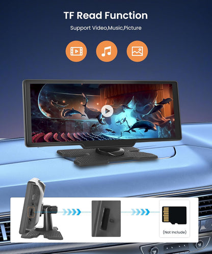 Podofo 10.26''draagbare autoradio touchscreen draadloos Carplay Android Auto Bluetooth/FM-zender/AUX Spraakassistent met achteruitrijcamera DC 7-32v