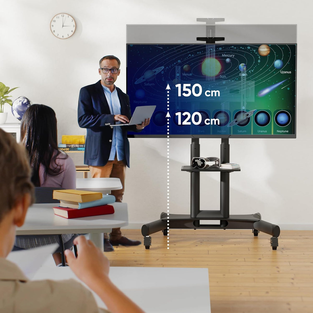 ONKRON Mobiele TV Standaard op Wielen voor 40-70 Inch Scherm, TV Beugel Wagen tot 45,5 kg - TV Meubel Verrijdbaar VESA 100x100-600x400 mm/Vloerstandaard Televisie Hoogte Verstelbare TS1551-B Zwart