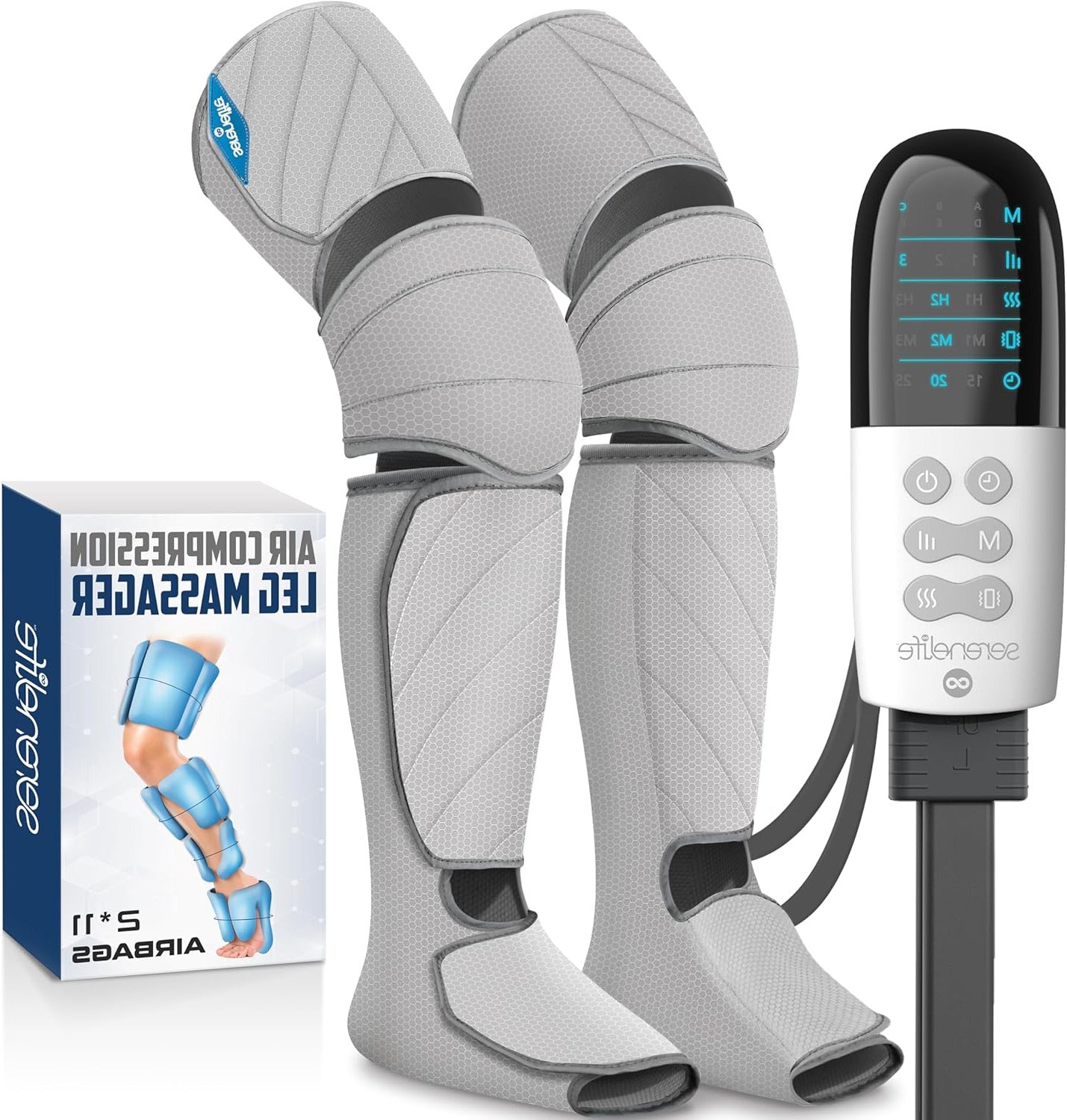 SereneLife Luchtcompressie Beinum Massager, Volledige Massager met Warmte en Compressie, Draagbaar en Verstelbaar, 6 Modi, 3 Vibraties, 3 Intensiteiten, 11 Luchtkussens voor Dijen, Kuiten - QUORE