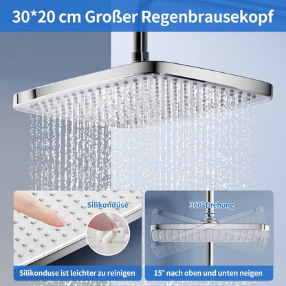 Thermostatisch Douchesysteem – Douche Set – Regendouche – Handdouche – Doucherail – Complete Set Chroom – 38°C Thermostaat – XL Regendouche 30x20 cm