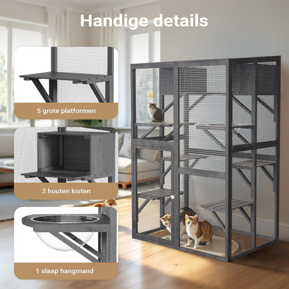 Wiltec buitenverblijf voor katten 116 x 82 x 175,7 cm, kattenvolière van hout met PVC-coating, kattenhuis met 5 niveaus, kattenverblijf voor tuin, balkon, kattenhut voor katten en dieren