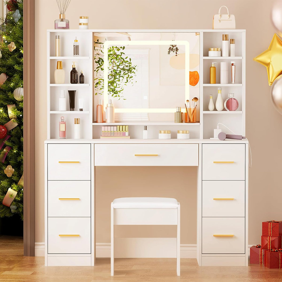 ANWBROAD Large Makeup Dressing Table with Adjustable LED Lighting in 3 Colors and Sockets Modern White Dressing Table with Mirror and Stool 7 Drawers 4 Open Shelves 140x100x40cm BDT65W - QUORE