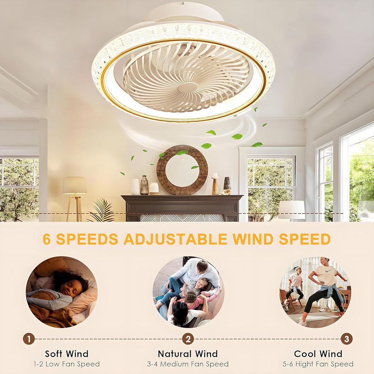 Stille Plafondventilator met Verlichting, 75W Dimbare LED Plafondlamp met Ventilator, 360° Rotatie, Omkeerbare Plafondventilator met Licht en Afstandsbediening APP, 6 Snelheden, Timer, Goud