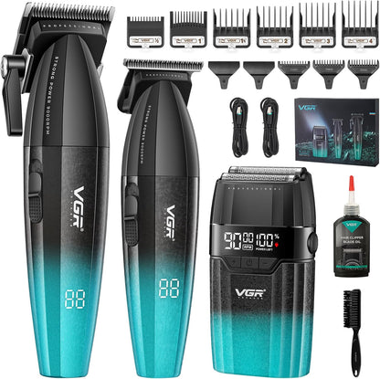 VGR 640 S3 Tondeuse voor Mannen, Oplaadbare Haarknipset, Professionele Fade Trimmer en Foil Scheerapparaat Set, Draadloze Haarverzorgingsmachine met LED Display voor Barbers en Thuisgebruik, Groen