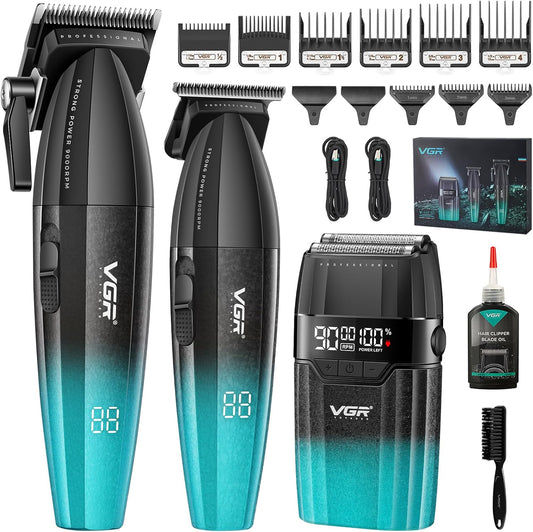 VGR 640 S3 Tondeuse voor Mannen, Oplaadbare Haarknipset, Professionele Fade Trimmer en Foil Scheerapparaat Set, Draadloze Haarverzorgingsmachine met LED Display voor Barbers en Thuisgebruik, Groen