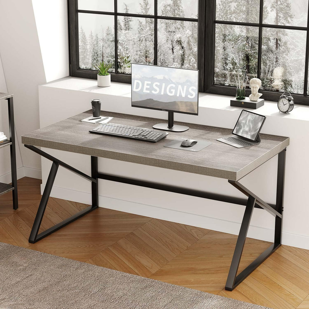 HSH Bureau, computerwerk, pc, hout en metaal, industrieel, tafel, studiewerk, eenvoudig, modern, voor slaapkamer, 140 cm, grijs