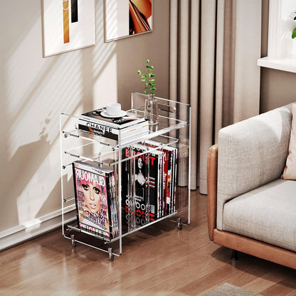 Acryl bijzettafel, vinyl Magzine Opslag Boekenplank met 3 Tier Bijzettafel met Wielen (Doorzichtig) (Clear Large)