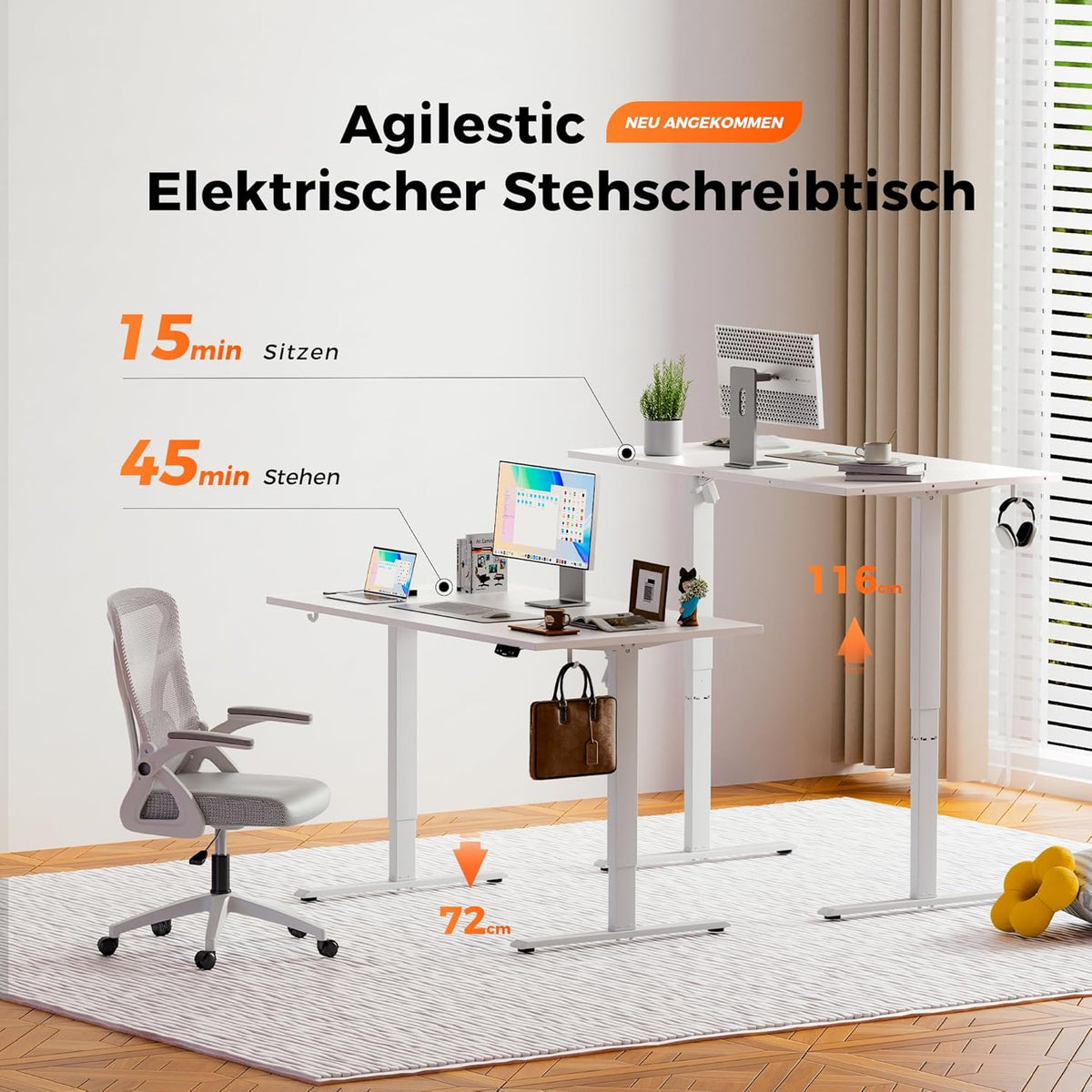 Agilestic Height Adjustable Desk 160 x 80 cm, Stable Desk with Electric Height Adjustment and Manual Control with Memory, Ergonomic Desk for Standing or Sitting, White - QUORE