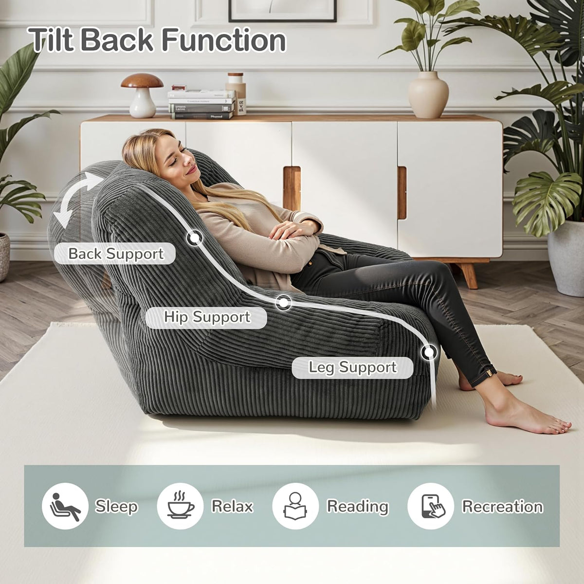 Pamapic Zitzak, grote eenpersoonszitzak met vulling, ergonomische ligstoel, corduroy luie bank, zitzak voor volwassenen, loungestoel voor woonkamer, slaapkamer, speelkamer, grijs, 93 x 85 x 70 cm
