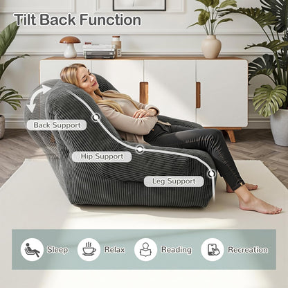 Pamapic Zitzak, grote eenpersoonszitzak met vulling, ergonomische ligstoel, corduroy luie bank, zitzak voor volwassenen, loungestoel voor woonkamer, slaapkamer, speelkamer, grijs, 93 x 85 x 70 cm