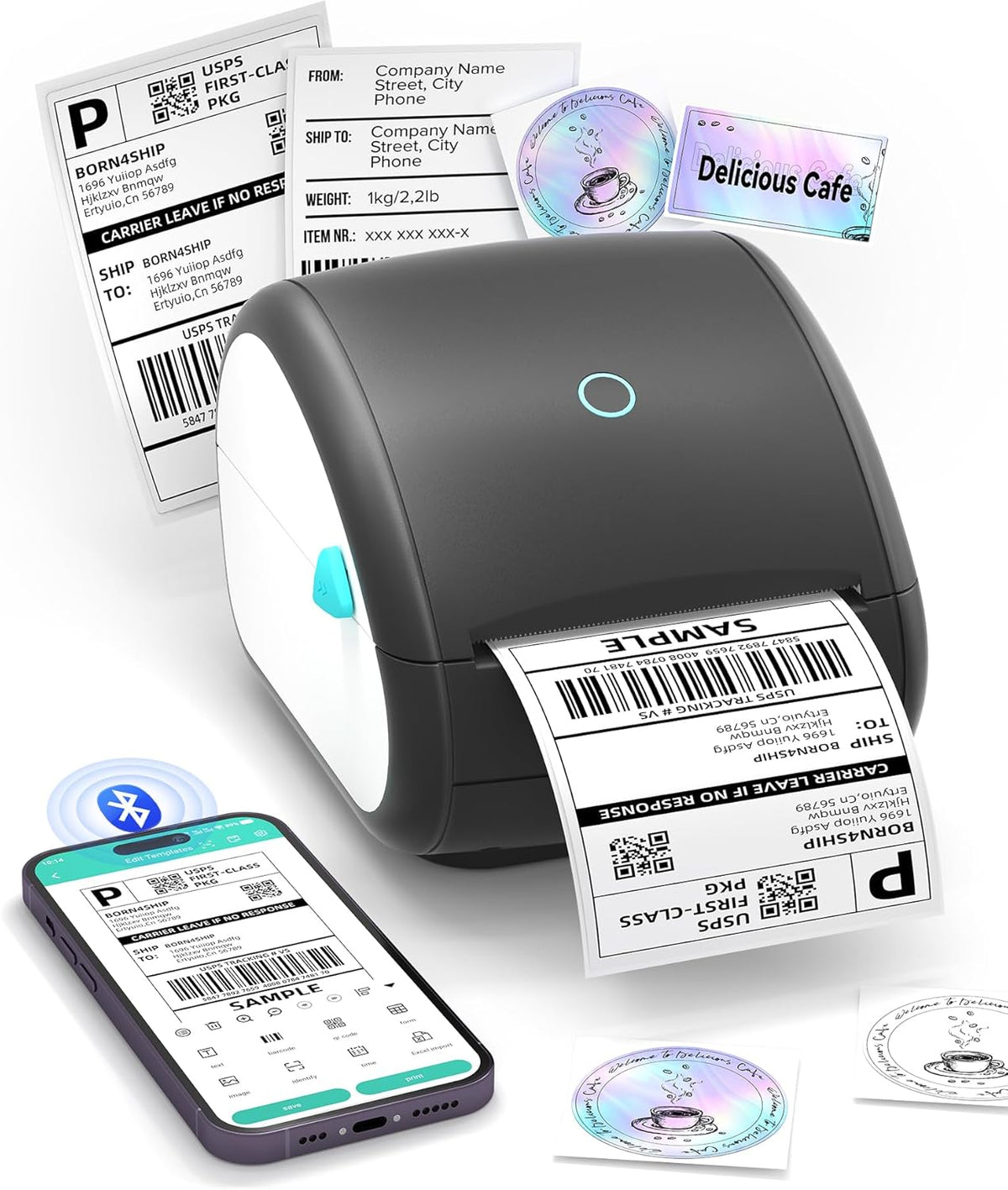 Bluetooth-labelprinter, DHL-labelprinter, verzendlabelprinter voor barcode-verzendlabels, DB403 thermische printer 4x6, compatibel met Esty, Royal Mail, DHL, Fedex, USPS