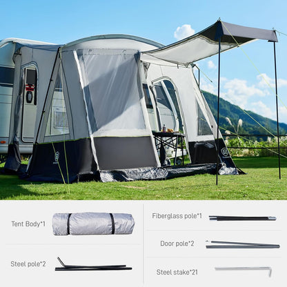 EVER ADVANCED voortent caravan 350x260x245cm voor camper met 2 ramen zijdeur, grotere deur dan dak, reisvoortent PU 3000mm waterdicht geschikt voor reizen, familie samen, kamperen