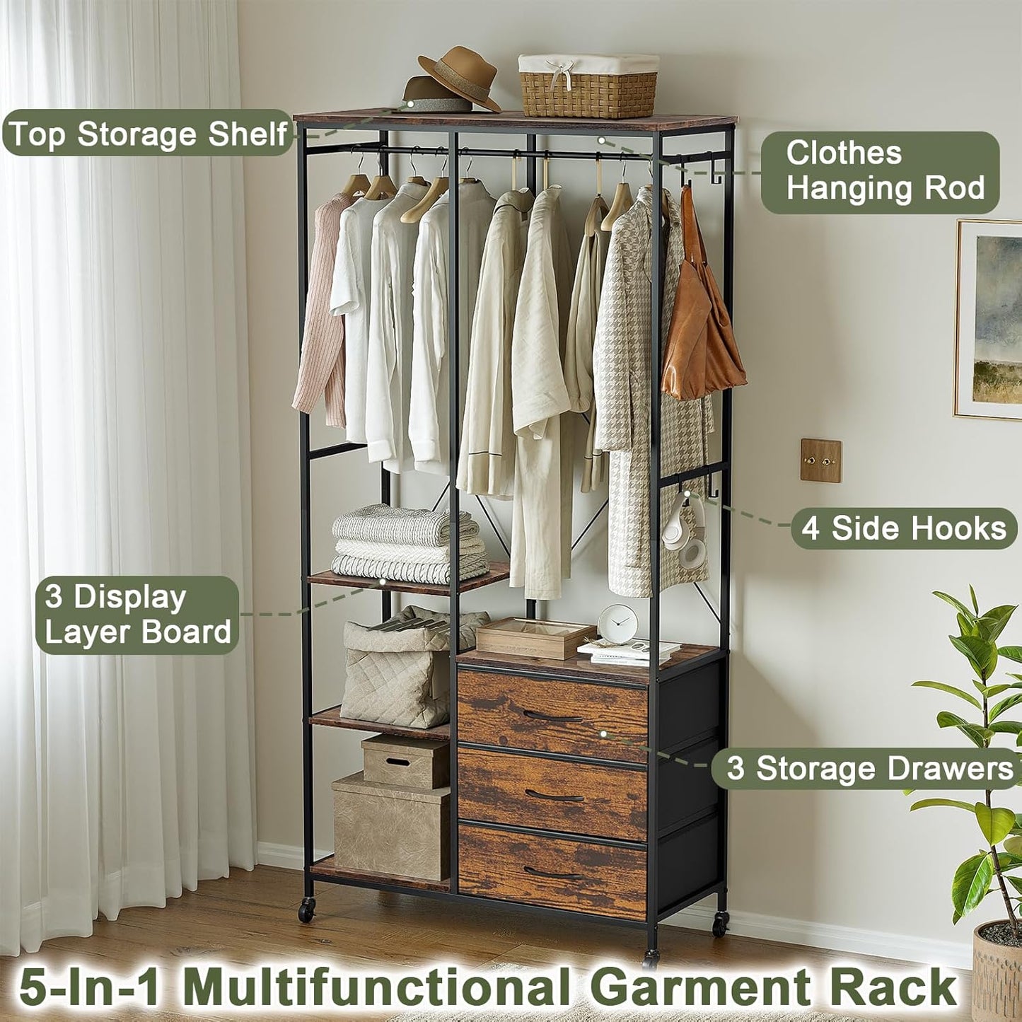 Kledingrek – Kledingkast – Garderoberek – Kledinghanger – Open Kledingrek – Stevig Stalen Frame – Verstelbare Planken & Laden – Wieltjes – Rustiek Bruin