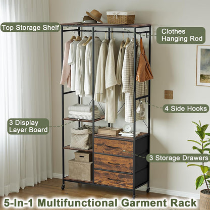 Kledingrek – Kledingkast – Garderoberek – Kledinghanger – Open Kledingrek – Stevig Stalen Frame – Verstelbare Planken & Laden – Wieltjes – Rustiek Bruin