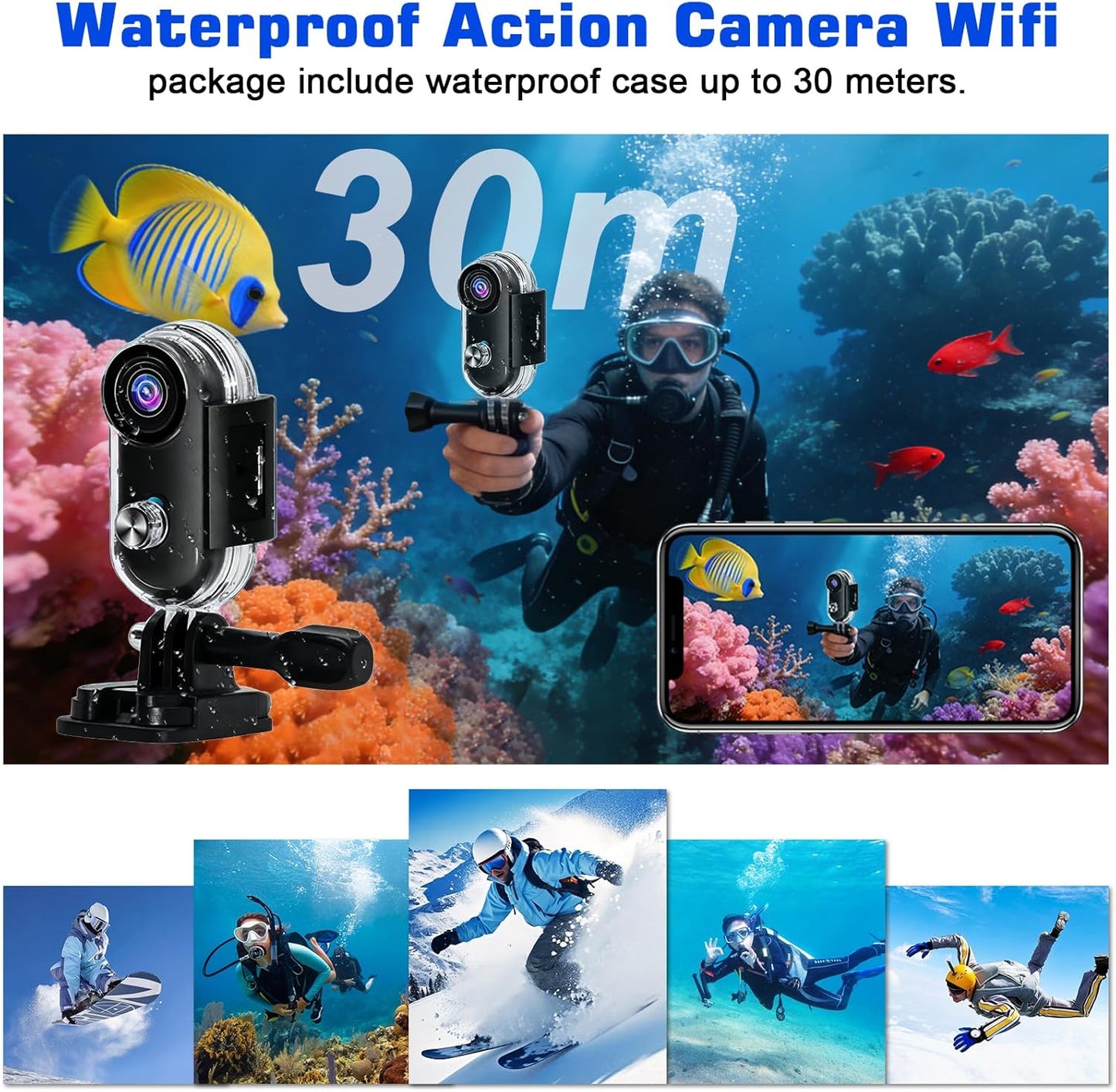 Actiecamera, wifi, 4K, waterdichte mini-actiecamera, mini-lichaamscamera, 120° motorhelmcamera met magnetische en meerdere houders, inclusief 16 GB SD-kaart
