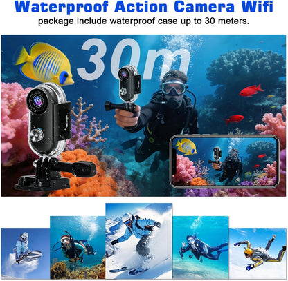 Actiecamera, wifi, 4K, waterdichte mini-actiecamera, mini-lichaamscamera, 120° motorhelmcamera met magnetische en meerdere houders, inclusief 16 GB SD-kaart