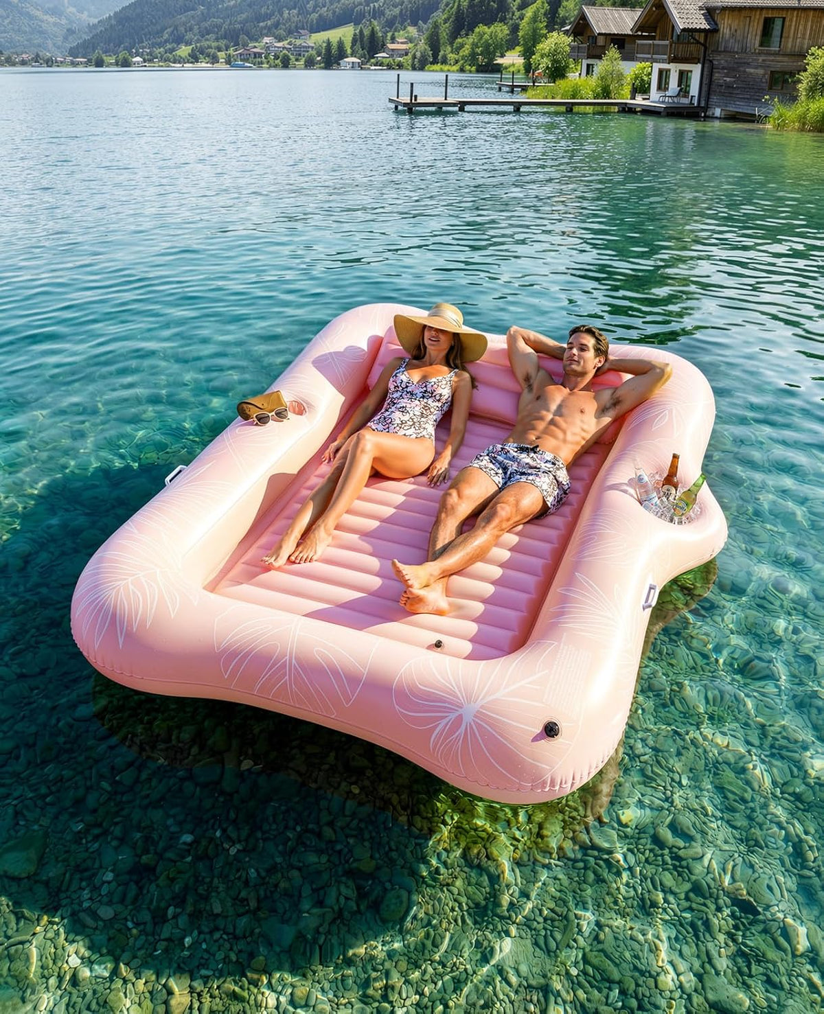 HeySplash Opblaasbare zwembadzeil, grote opblaasbare drijvende boot voor volwassenen met bekerhouder en afneembaar kussen, zonnebad, rivier-, zomer-, waterfeest, roze blad