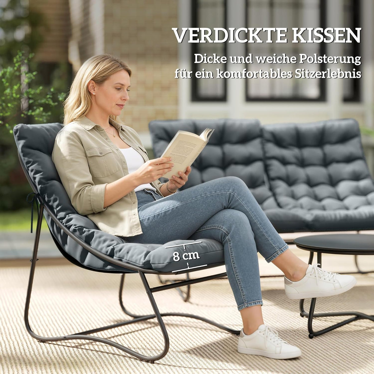 Outsunny Stahl Gartenmöbel Set 4 Persons wetterfest Balkonmöbel-Set mit 2er Sofa, Sessel Beistelltisch Sitzkissen Outdoor Sitzgruppe Terrassenmöbel Gartengarnitur für Garten Terrasse Balcony Grau