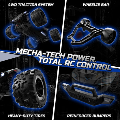 DEERC Snelle borstelloze RC-auto's voor jongens en volwassenen, 1:18 RC off-road vrachtwagen, 4 x 4 off-road race meca, 50 minuten, waterdichte op afstand bestuurde monstertruck, compatibel met